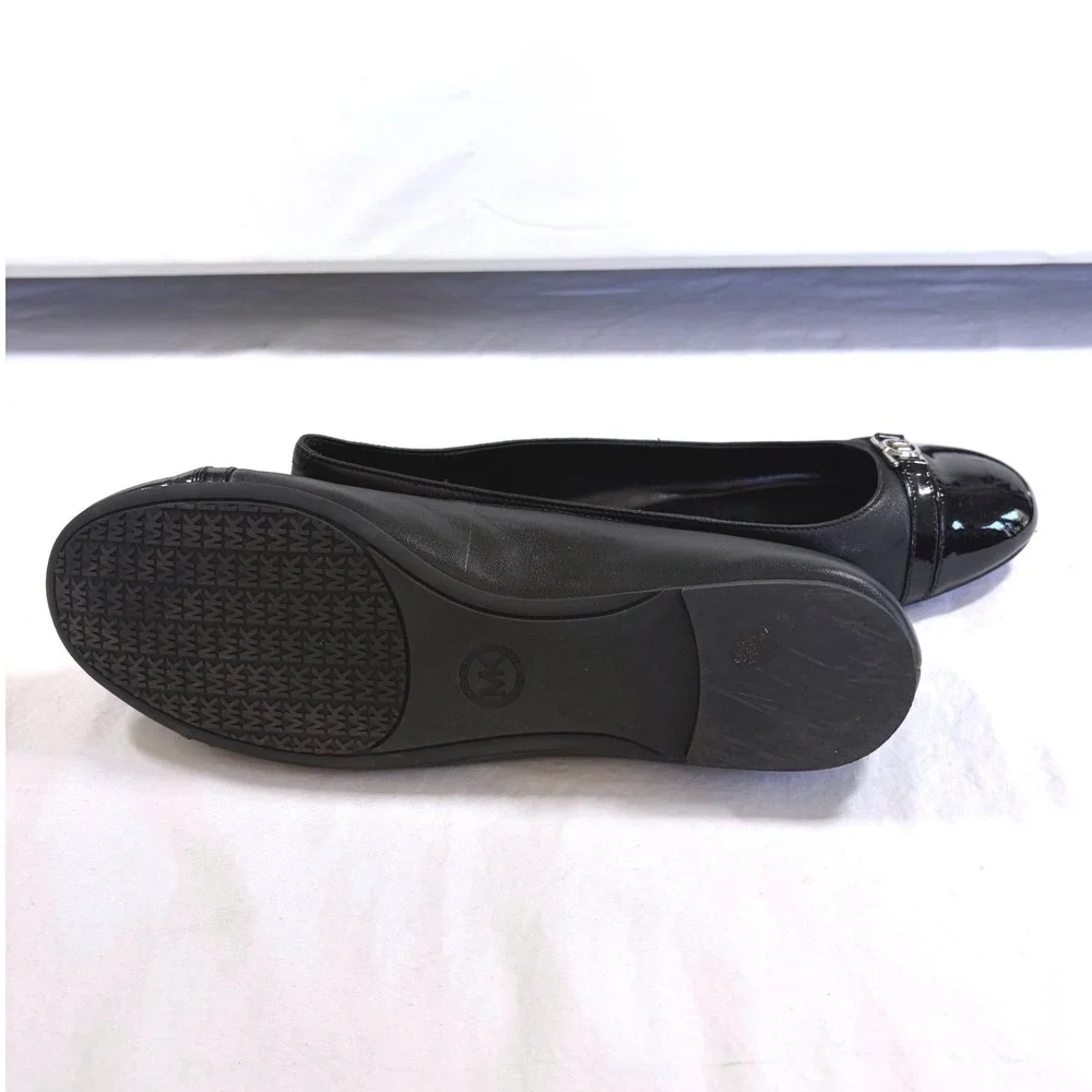 Michael Kors Mandy Black Leather Cap Toe Ballet Flats Silver MK Logo Shoes 10.5